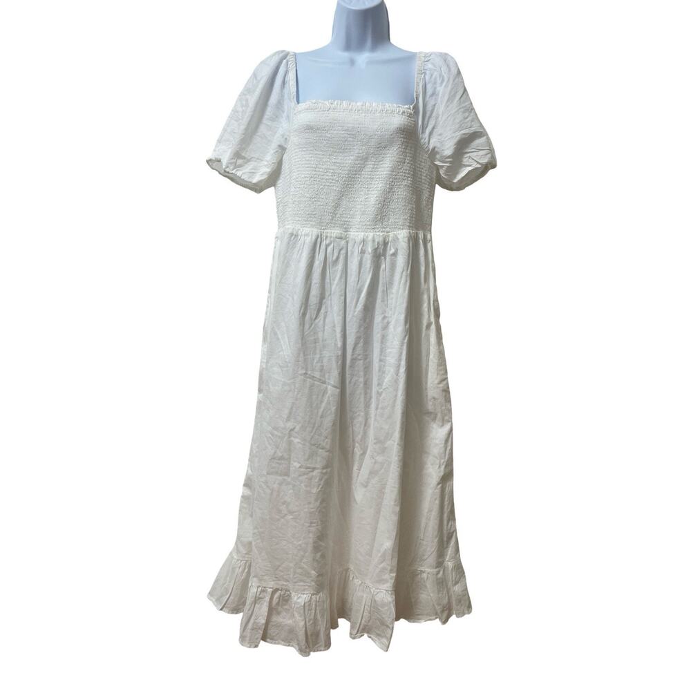 J Crew Smocked‎ Puff Sleeve Midi Dress Size M White Cottagecore Peasant NWT